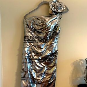Beautiful Silver One Shoulder Cocktail Dress, Size 6